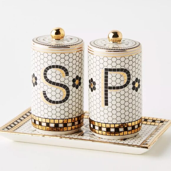 Anthropologie Bistro Tile Stoneware Salt Pepper Shaker Set 3 Pcs Mosaic New - Picture 1 of 5